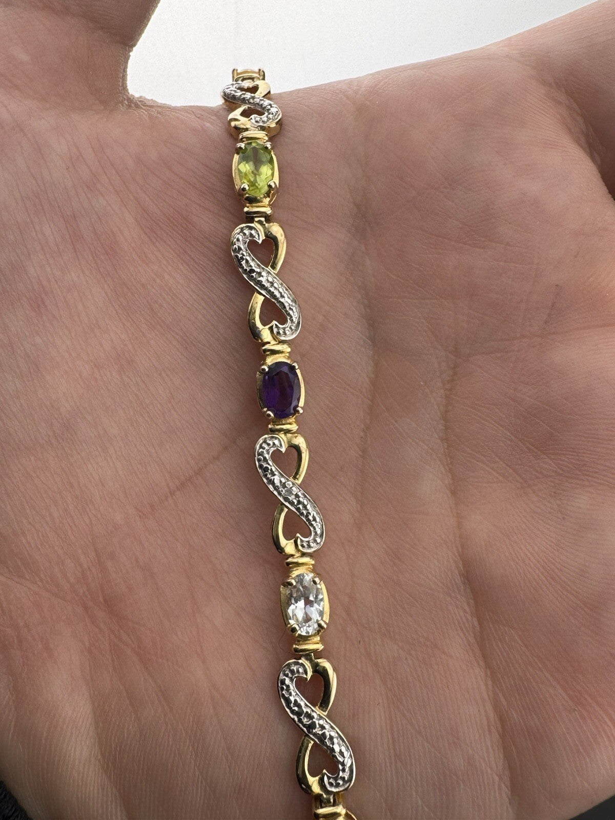 925 Fine Silver Plated Gold Multicolor Gem Infinity Heart XO Bracelet 7.5 10.4G
