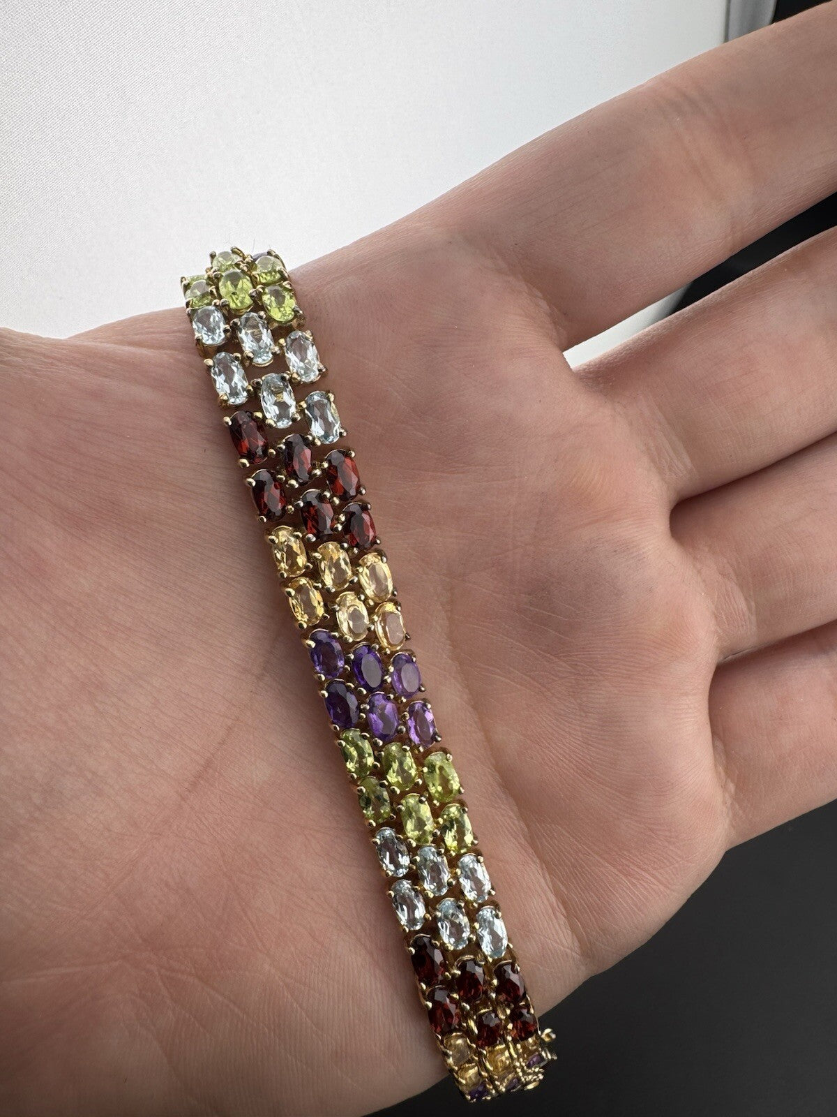 925 Fine Silver Plated Gold Multicolor Gemstone Row Tennis Bracelet 7.5 25.7G