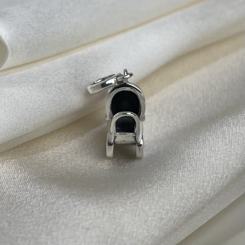 Sterling Silver 925 Cute Enamel Pink & White Baby Carriage Dangle Charm