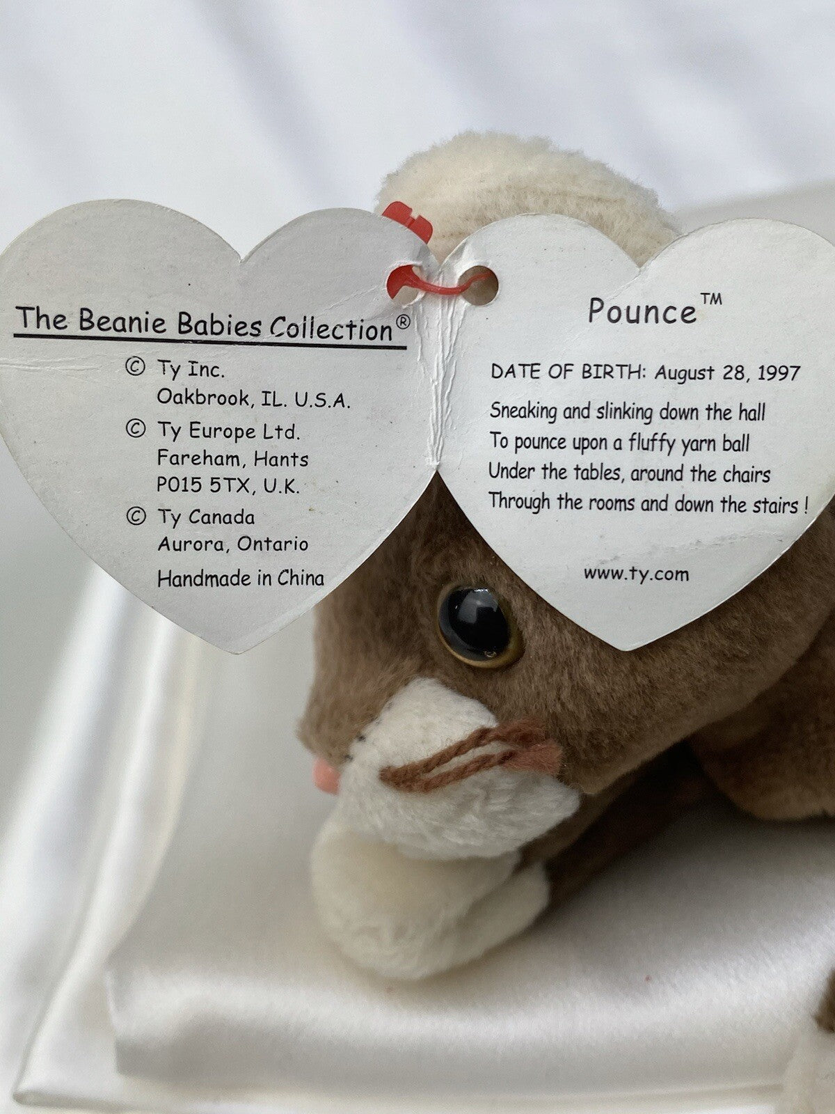 Rare Retired Ty Beanie Baby Pounce The Cat 1997 Mint P.V.C.Pellets With Errors
