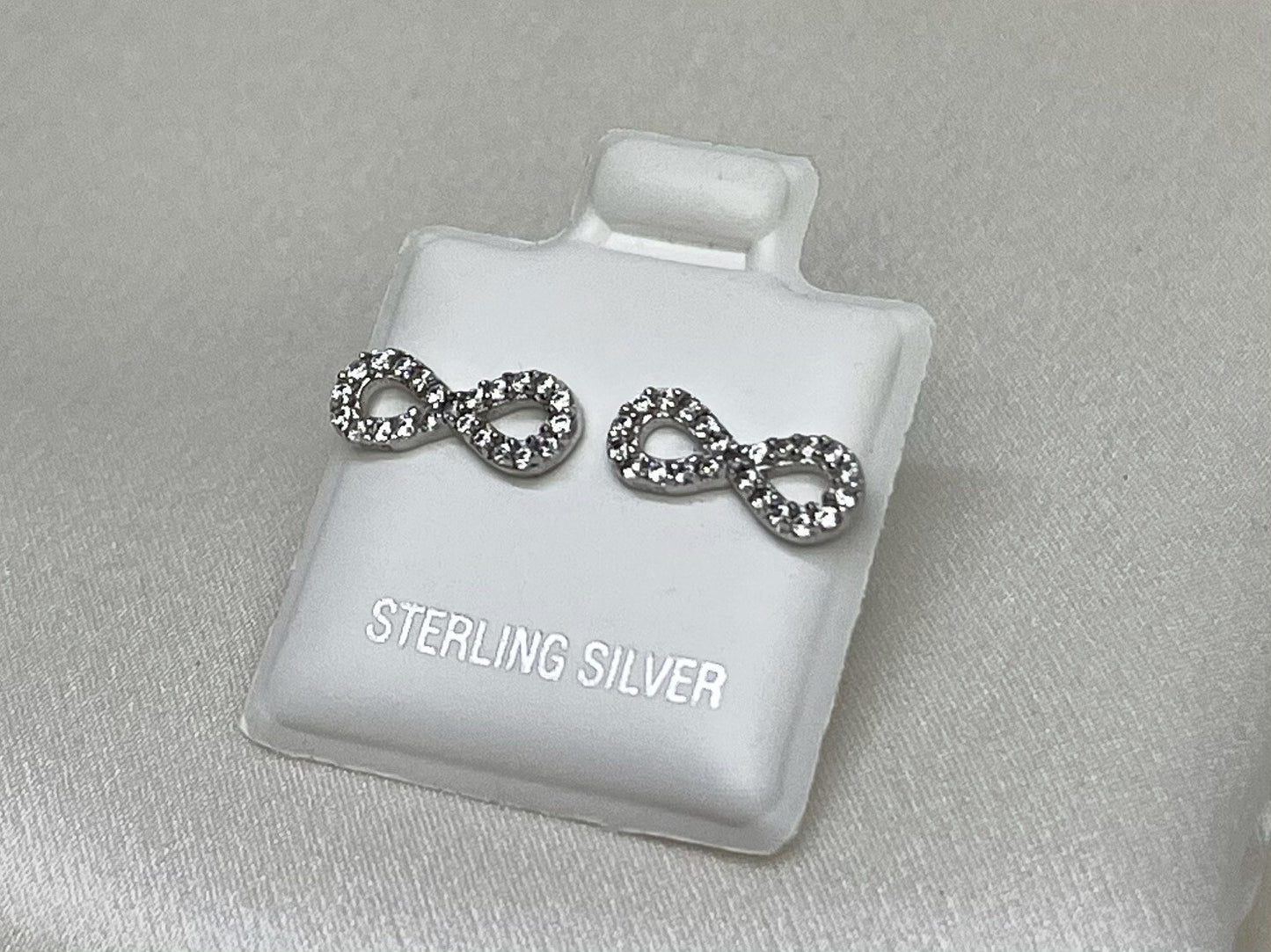 New Sterling Silver 925 5x11mm Infinity Stud Earrings with Cubic Zirconia Symbol