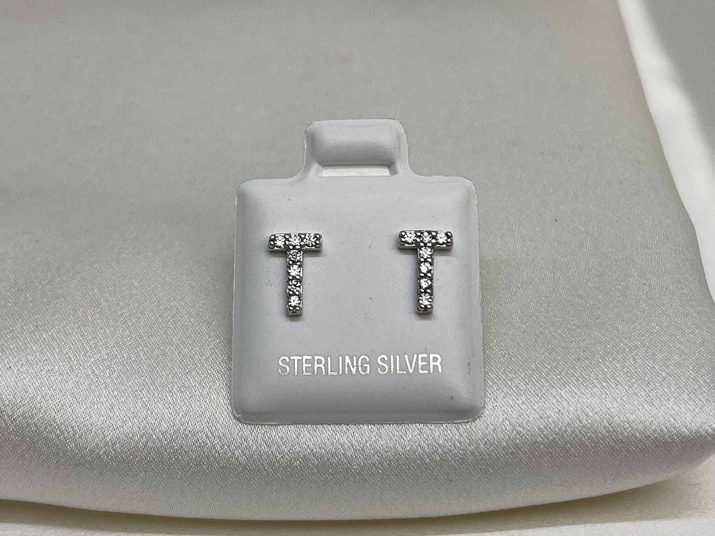 New Sterling Silver 925 8x5mm T Letter Stud Earrings with Cubic Zirconia