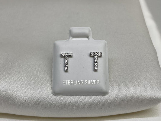 New Sterling Silver 925 8x5mm T Letter Stud Earrings with Cubic Zirconia