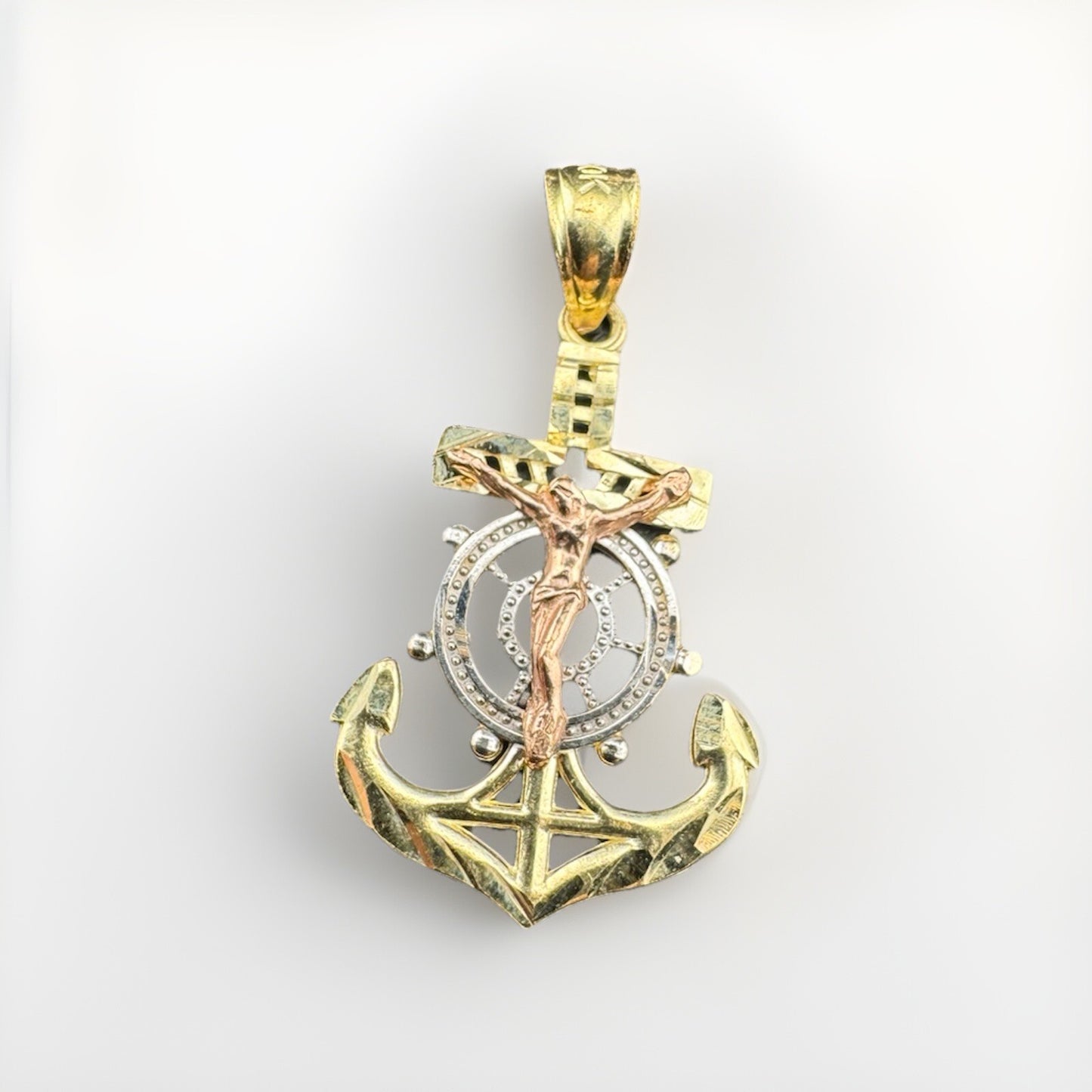 10K Tri Color Gold Jesus Cross Pendant Medium 16x29mm Diamond Cut Anchor Charm