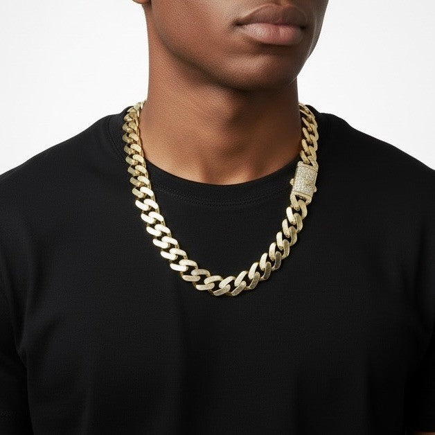 14K Yellow Gold Miami Cuban Link Chain Necklace 14.7mm 24.5 76.4 Gram Semi-Solid