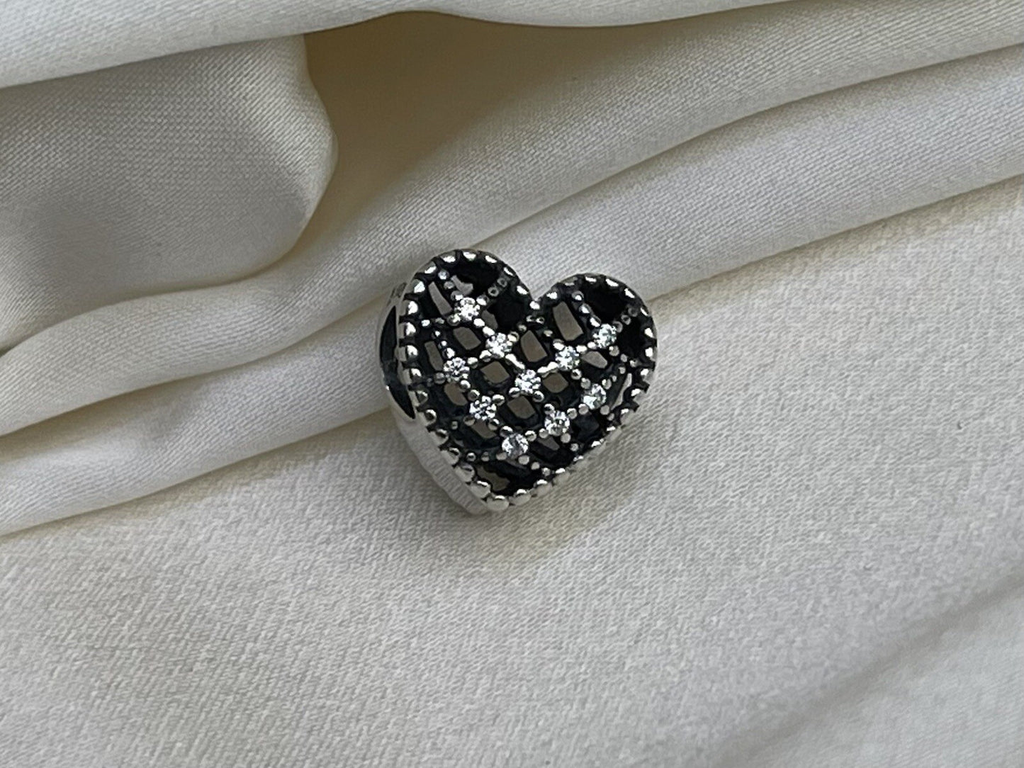 Sterling Silver 925 Retro Hollow Shining Cubic Zirconia Stone Heart Love Charm