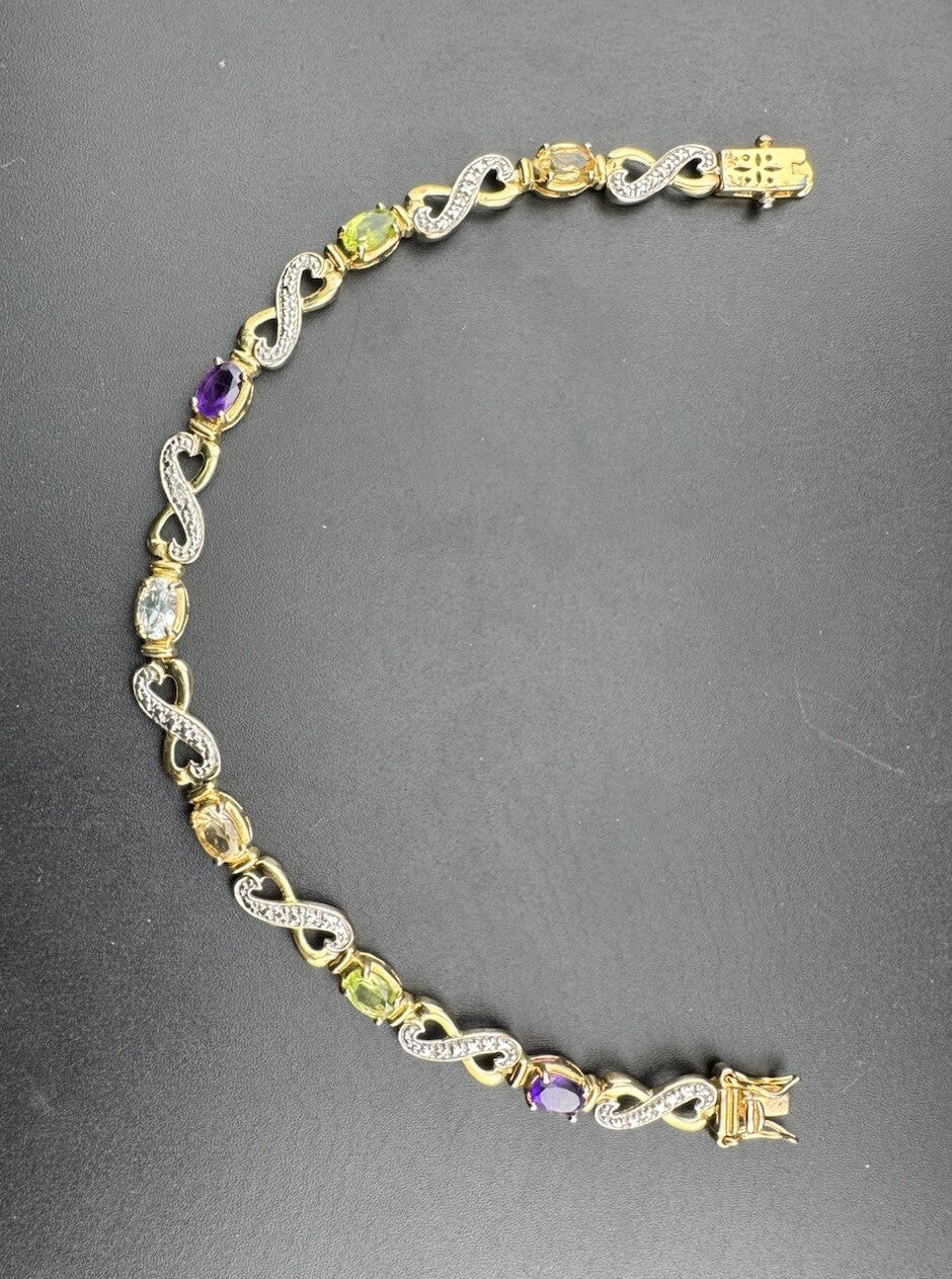 925 Fine Silver Plated Gold Multicolor Gem Infinity Heart XO Bracelet 7.5 10.4G