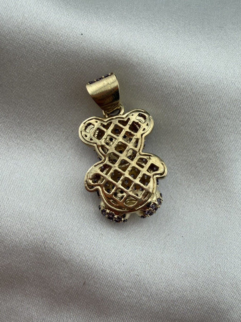 14K Gold Teddy Bear Pendant Purple Simulated Diamond Black Eyes 4.7 Gram 16x28mm