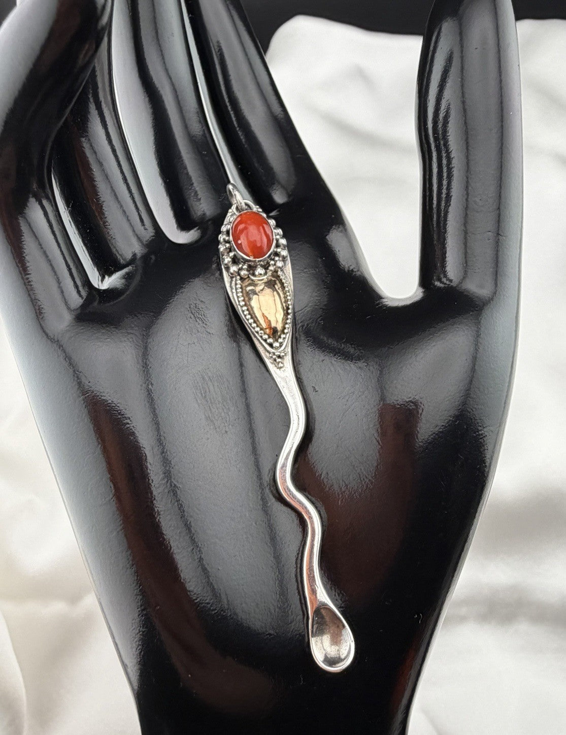 Vintage 925 Sterling Silver Carnelian Pendant 22K Gold Inlay 76mm Artisan Spoon