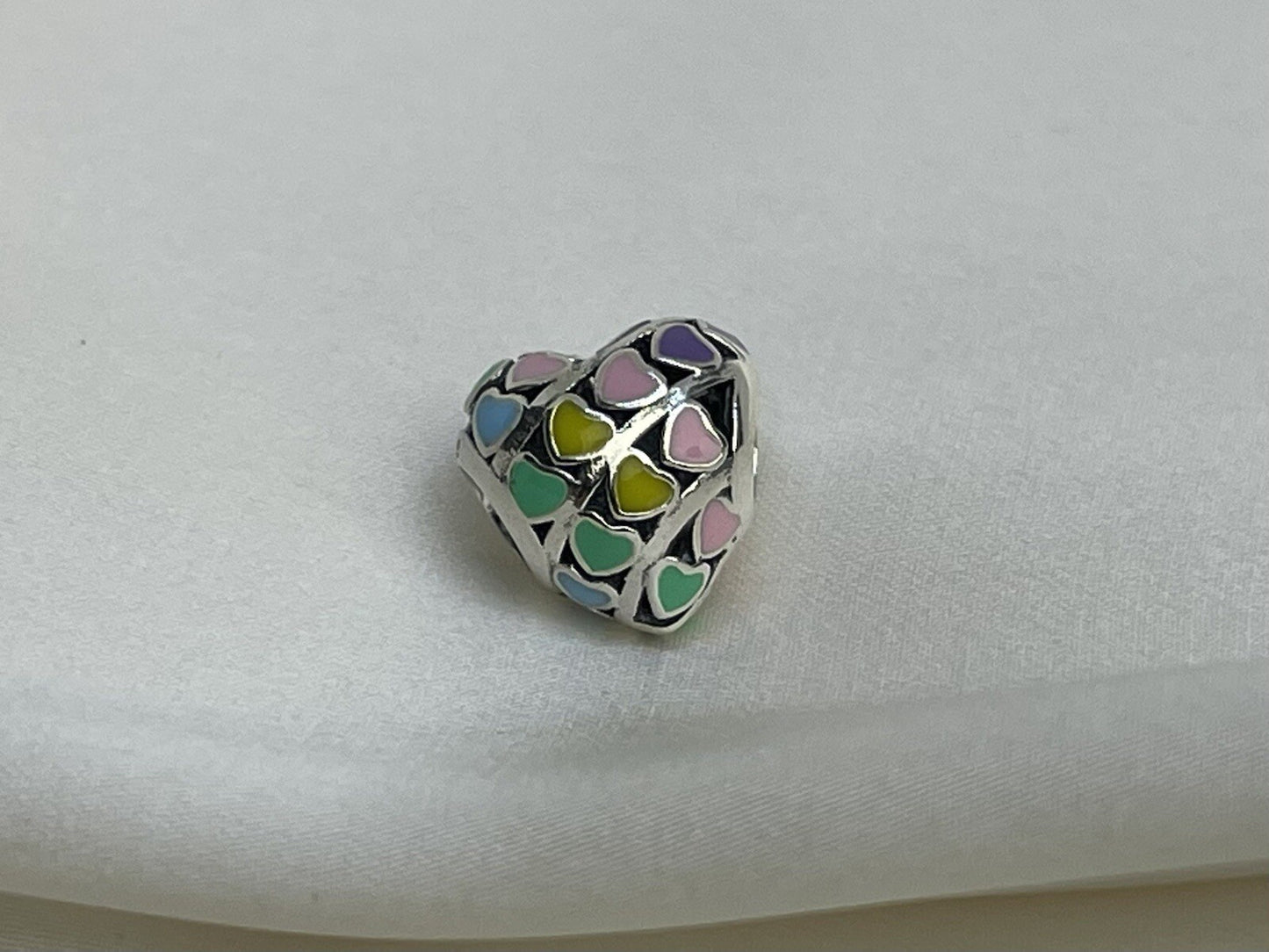 Sterling Silver 925 Enamel Rainbow Heart Love Colorful Bead Charm Pendant