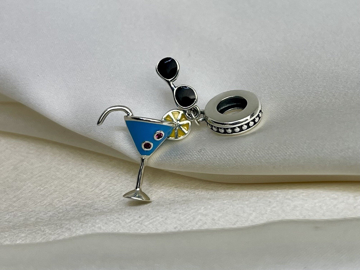 Sterling Silver 925 Summer Cold Drink CZ Stone Enamel Sunglasses Lemon Necklace