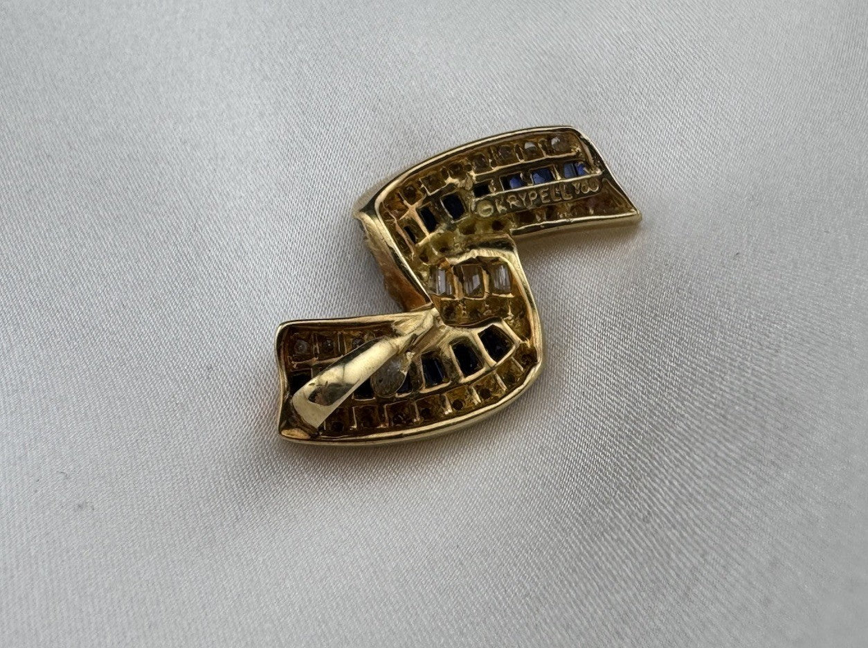 Vintage Charles Krypell 18K Yellow Gold Sapphire and Diamond Ribbon Pendant 7.7G
