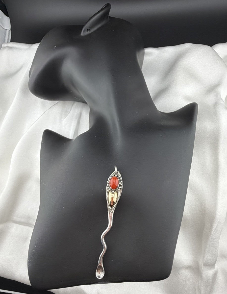 Vintage 925 Sterling Silver Carnelian Pendant 22K Gold Inlay 76mm Artisan Spoon