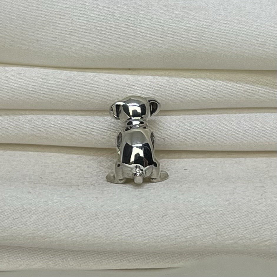 Sterling Silver Solid 925 European Playful Happy Dog Cubic Zirconia Stone Charm