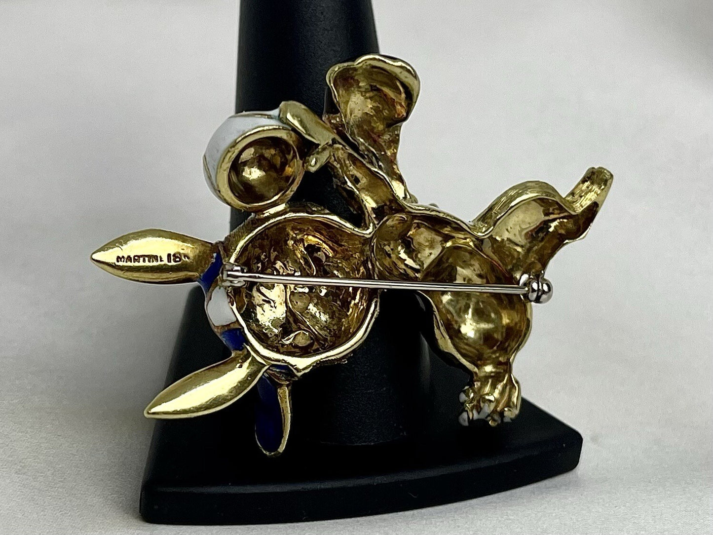 Martine Vintage 18k Gold Enamel Rabbit Baseball Pin XL Brooch 30.3 Grams 53x41mm