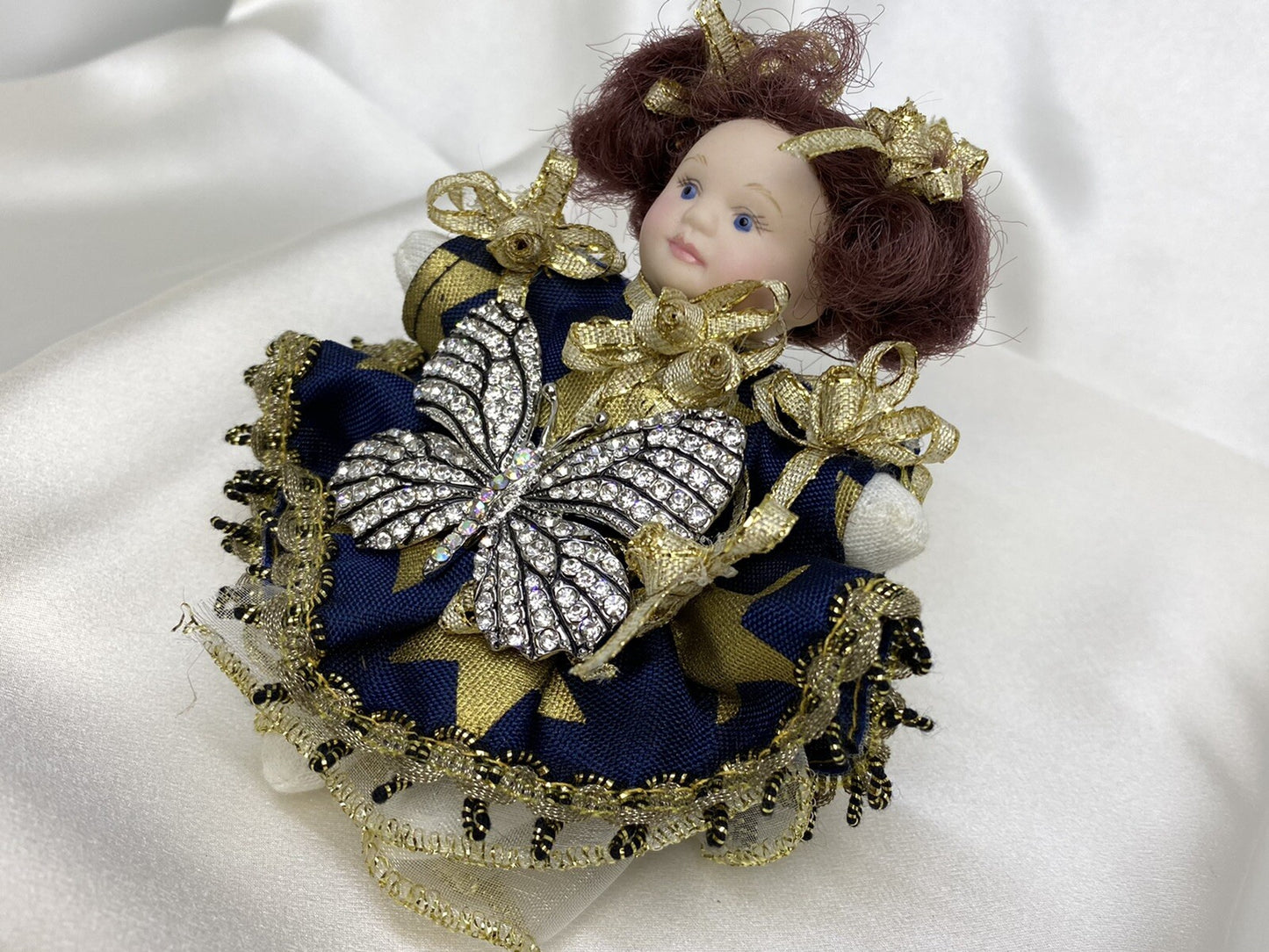 Vintage Porcelain Plush Girl Doll 4 Inch with Butterfly Crystal Pin Brooch