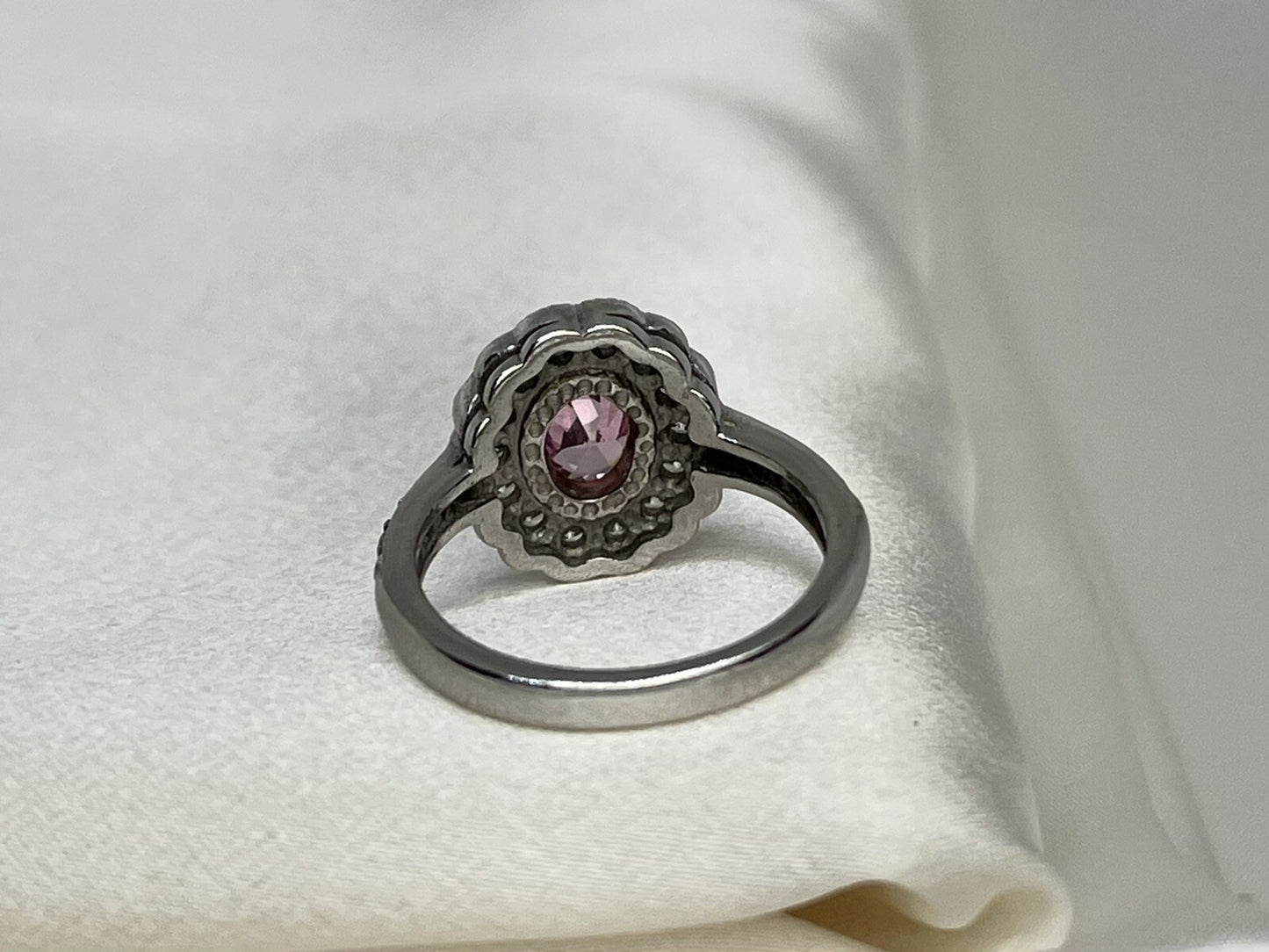 Flower Rose Quartz Cubic Zirconia Ring Rhodium Plated Sterling Silver 925