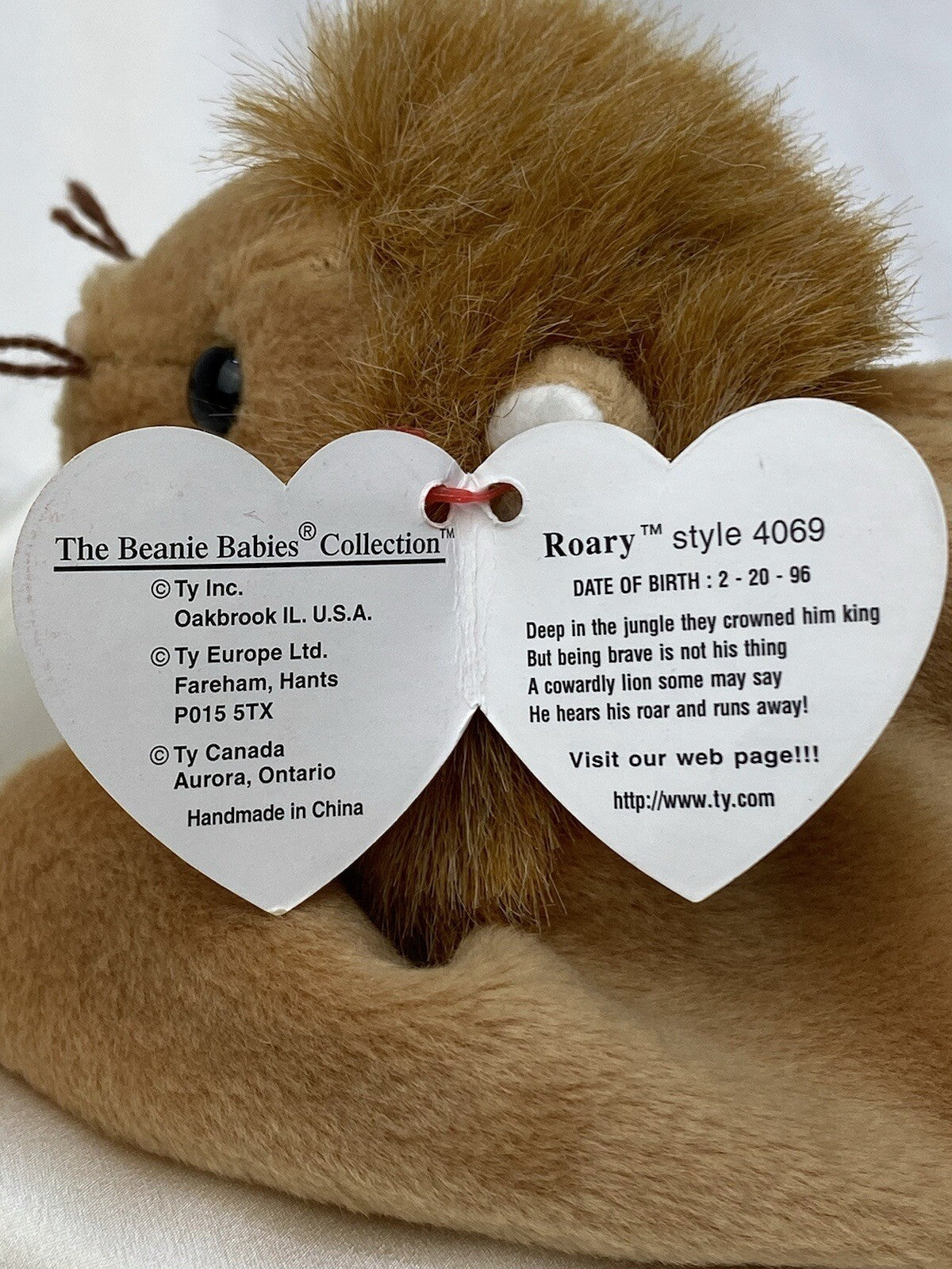 Rare Retired Ty Beanie Baby Roary The Lion 1996 P.V.C. Pellets W Numerous Errors