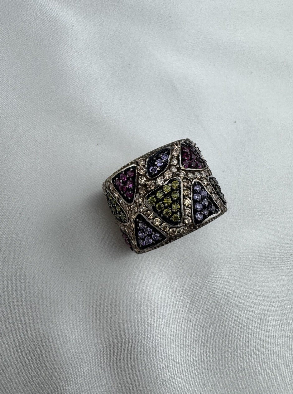 Sterling Silver 925 Mosaic Design Multicolor Gemstone Statement Ring Sz 7 13G
