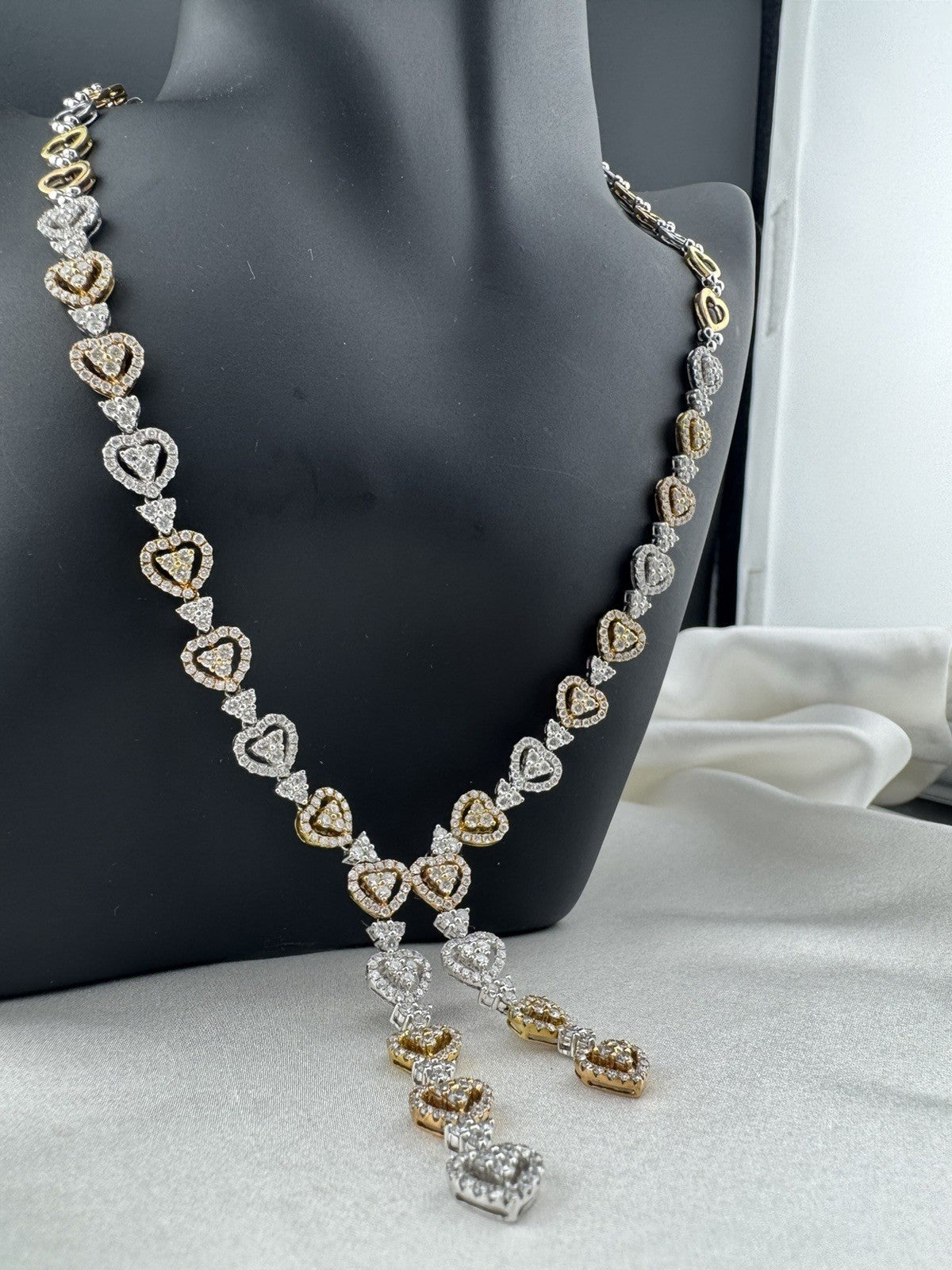 14K Yellow Gold Tri-Tone Heart Necklace Pave Stones 32G 17.25” 8mm Chain