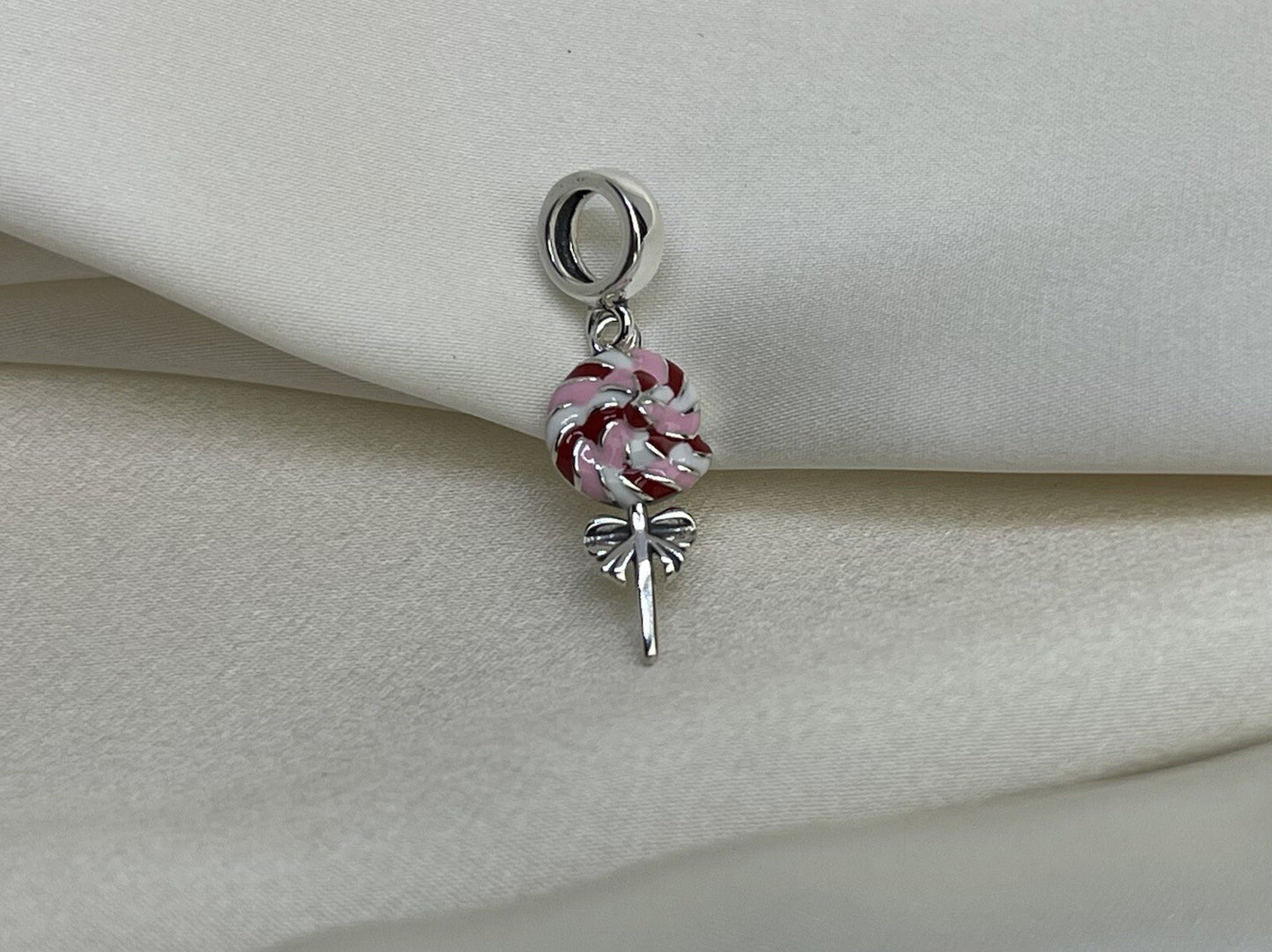 Sterling Silver 925 Enamel Sweet Swirl Lollipop Bow Sugar Candy Charm Necklace