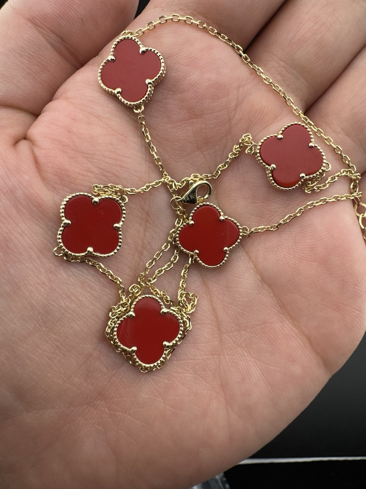 14K Gold Carnelian Sim Stone Lucky Clover Necklace 19.2in Adj 7.3 Gram