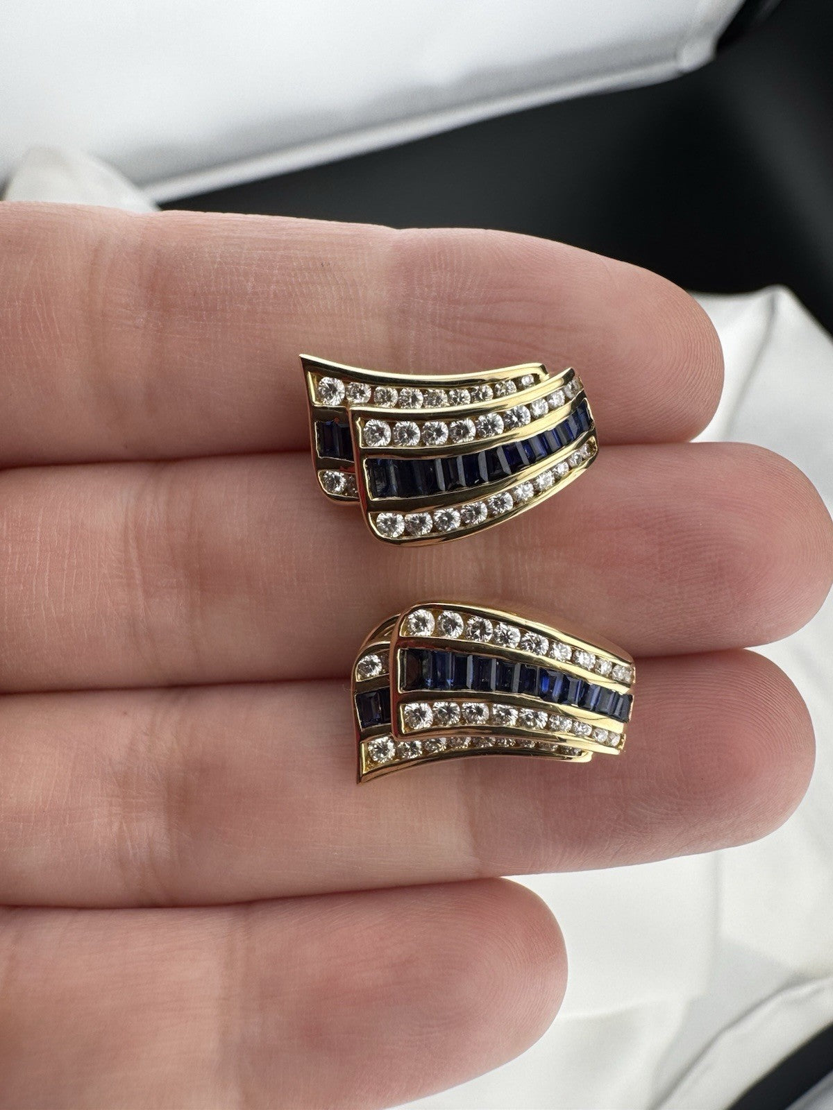 Charles Krypell 18K Yellow Gold Baguette Sapphire & Pave Diamond Earrings 12G