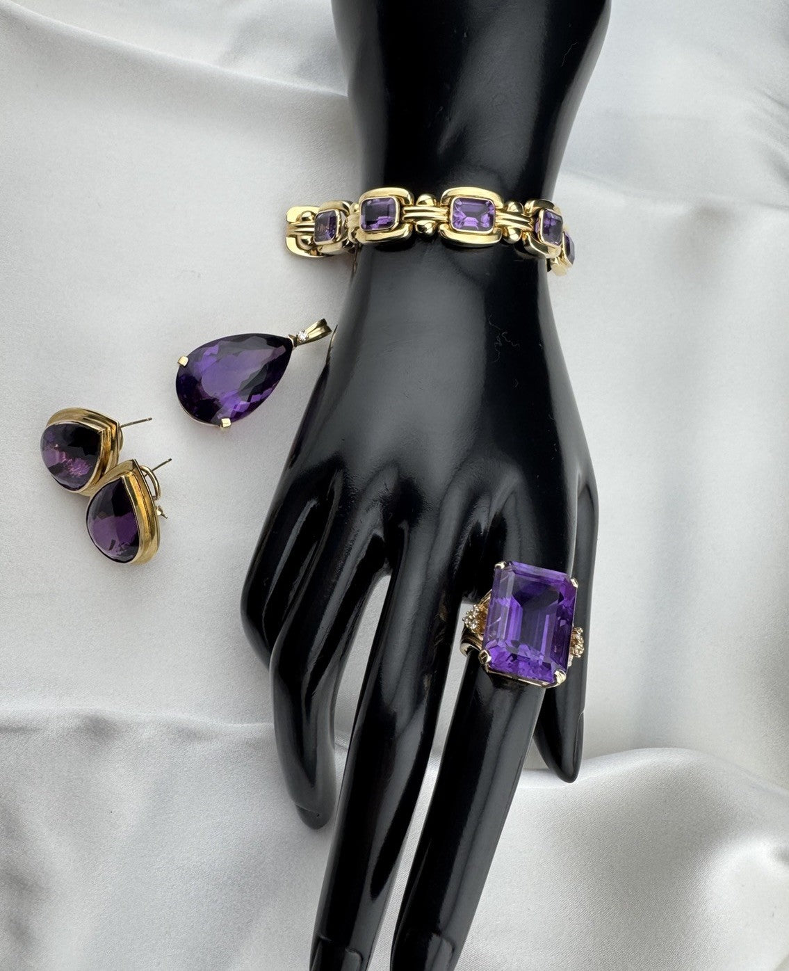 14K Yellow Gold 4 Piece Jewelry Set Bracelet Ring Pendant Earring 70.5G Purple