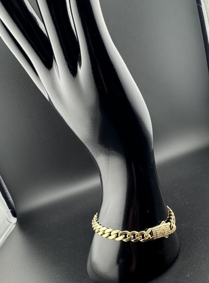 Pulsera cubana de oro de 14K Miami 7.5in 6.70mm 9.6G con emblema de circonita cúbica, cierre de seguridad con pulsador