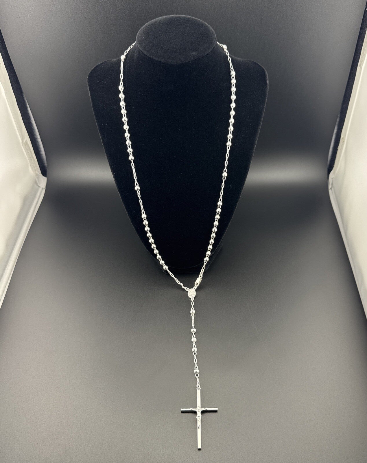 Sterling Silver 925 Rosary Necklace with Mother Mary & Jesus Cross, 24in, 20g