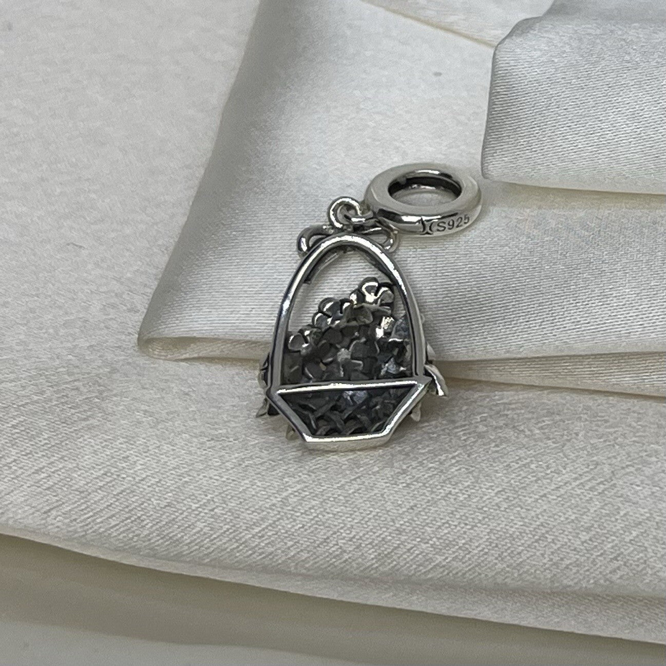 Sterling Silver 925 Enamel Basket of Blue Flower Bouquet Dangle Charm