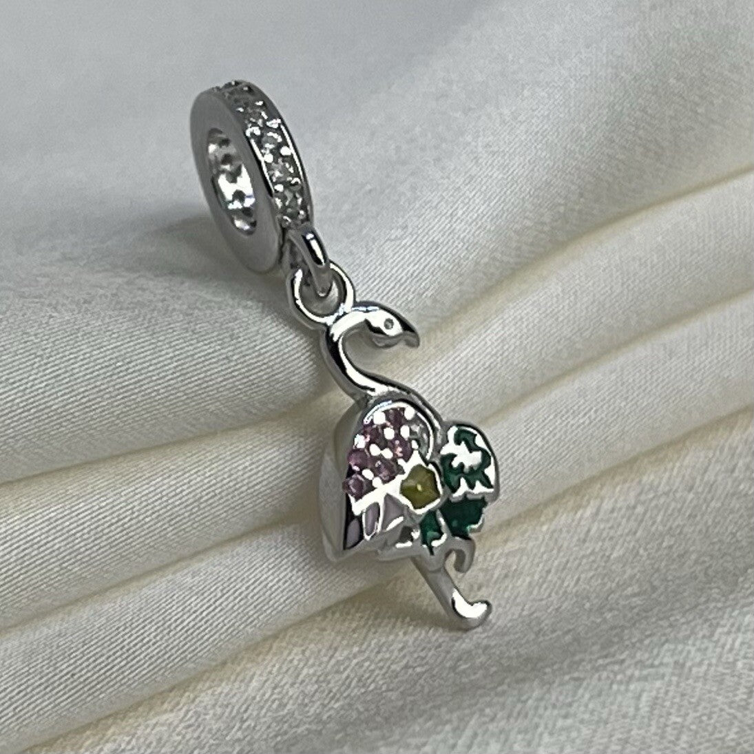 Sterling Silver 925 Multi Color CZ Stones Enamel Vibrant Flamingo Dangle Charm