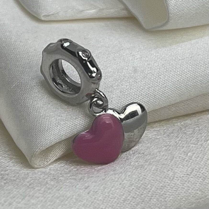 Sterling Silver 925 Enamel Double Heart Love Pink Cubic Zirconia Dangle Charm