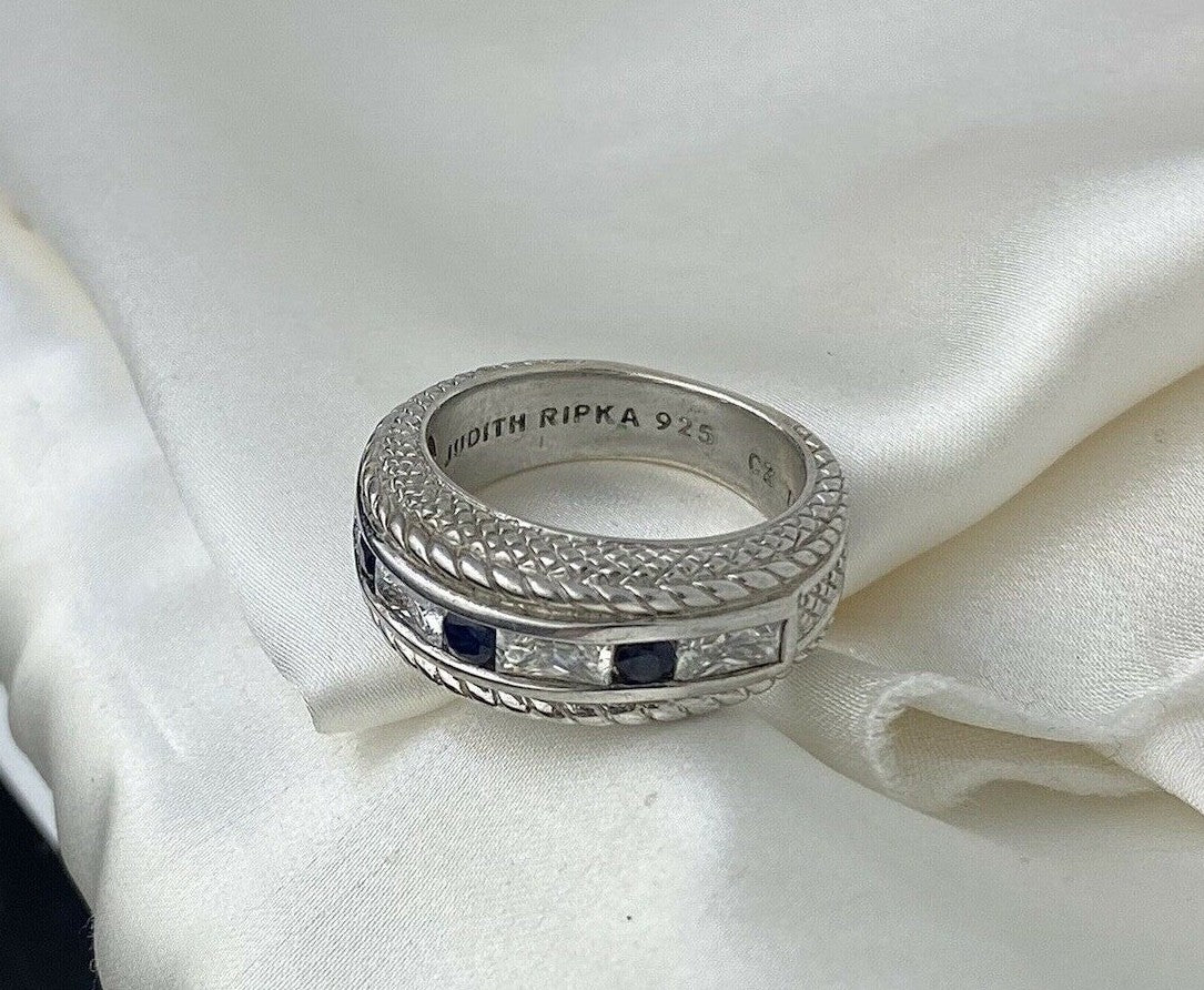 Vintage Judith Ripka 925 Silver Blue Sapphire & Cubic Zirconia 8.5mm Ring Size 7