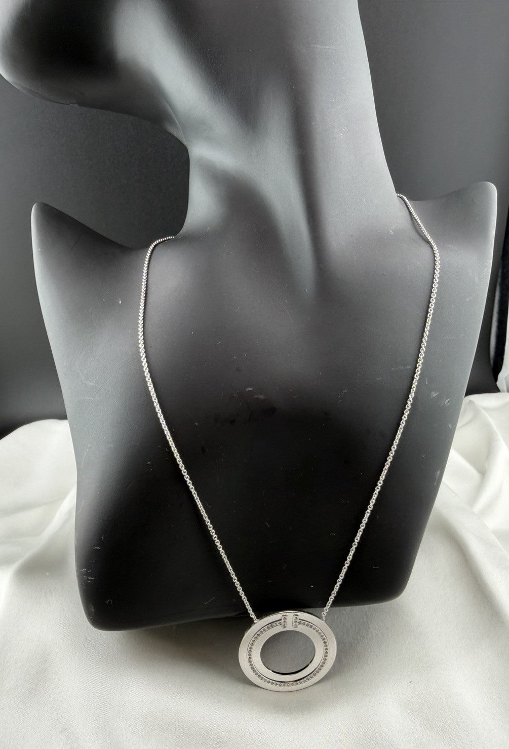 Tiffany & Co. 18k White Gold Diamond T Circle Pendant Necklace Large 30mm 18”