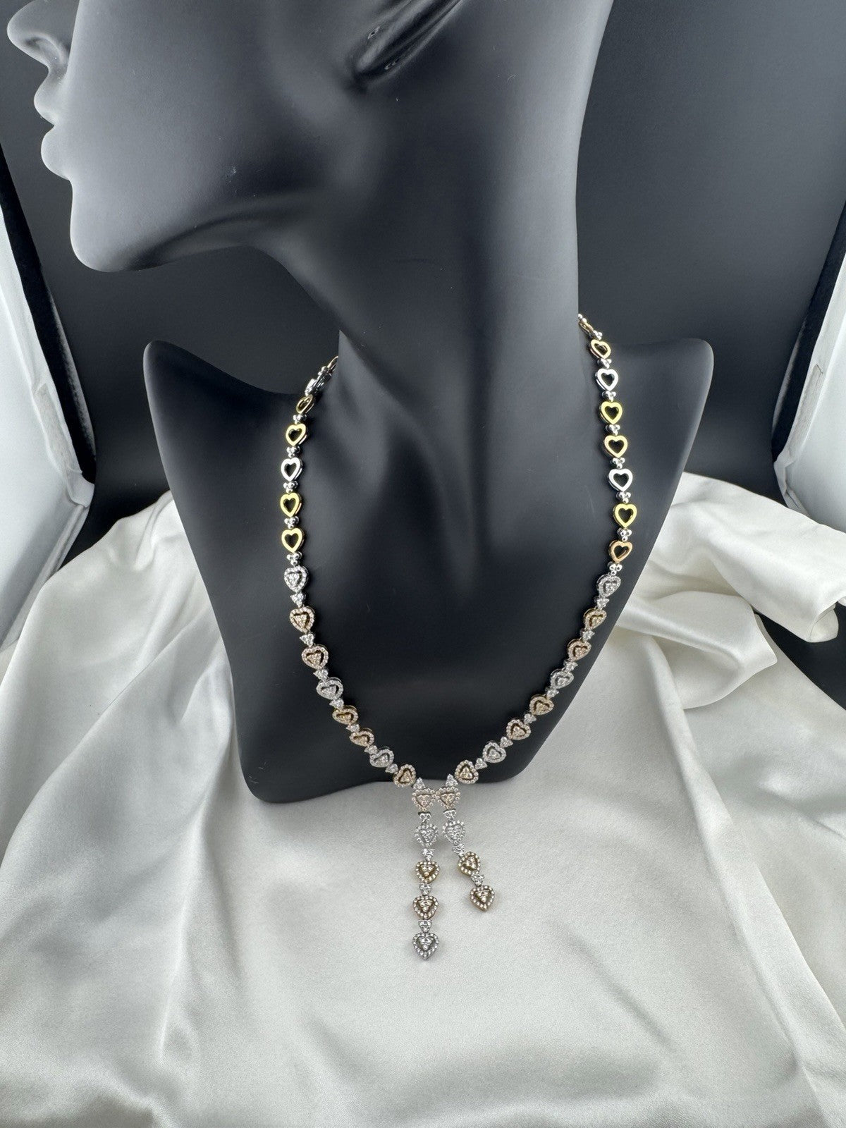 14K Yellow Gold Tri-Tone Heart Necklace Pave Stones 32G 17.25” 8mm Chain