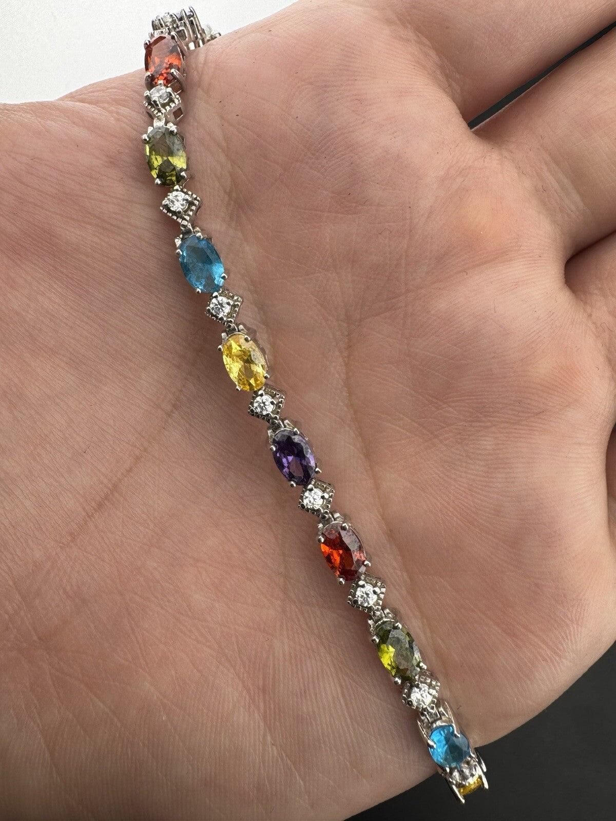 Vintage 925 Sterling Fine Silver Rainbow Gem Simulated Diamond Bracelet 7.5 10G