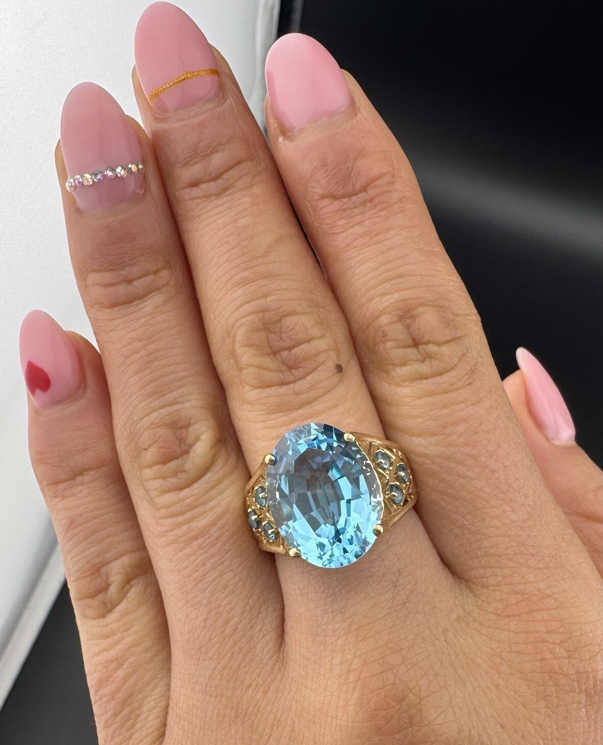 14K Gold Simulated Blue Topaz 16x13mm Cocktail Ring W Stones Sz 7, 7.4 Grams