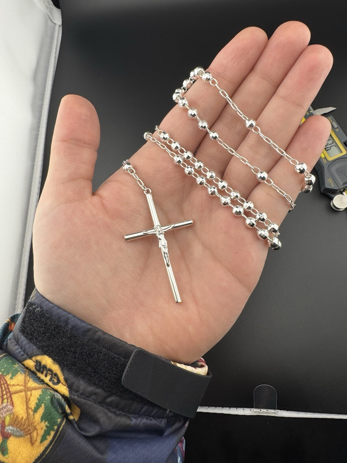 Sterling Silver 925 Rosary Necklace with Mother Mary & Jesus Cross, 24in, 20g