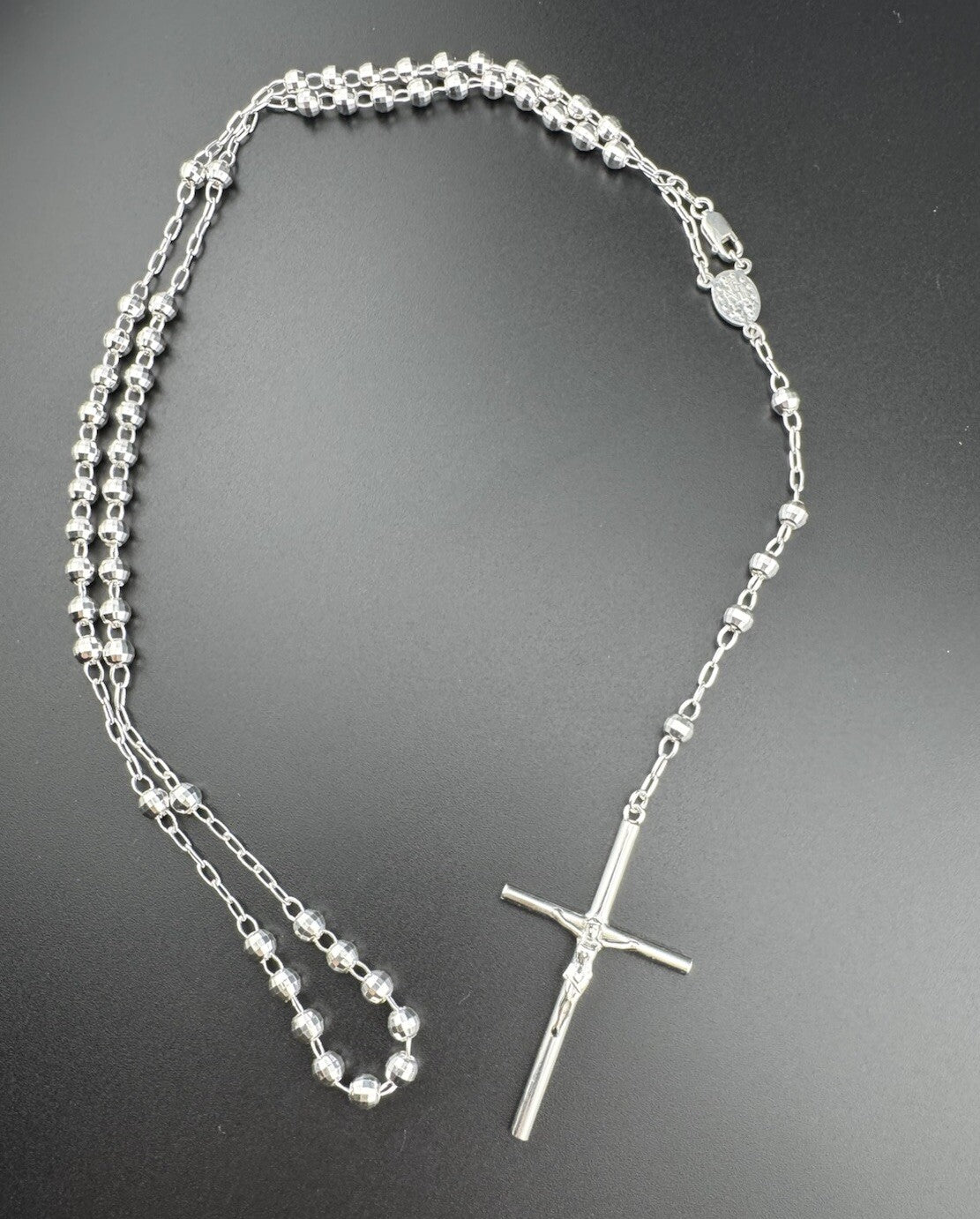 Sterling Silver 925 Rosary Necklace with Mother Mary & Jesus Cross, 24in, 20g