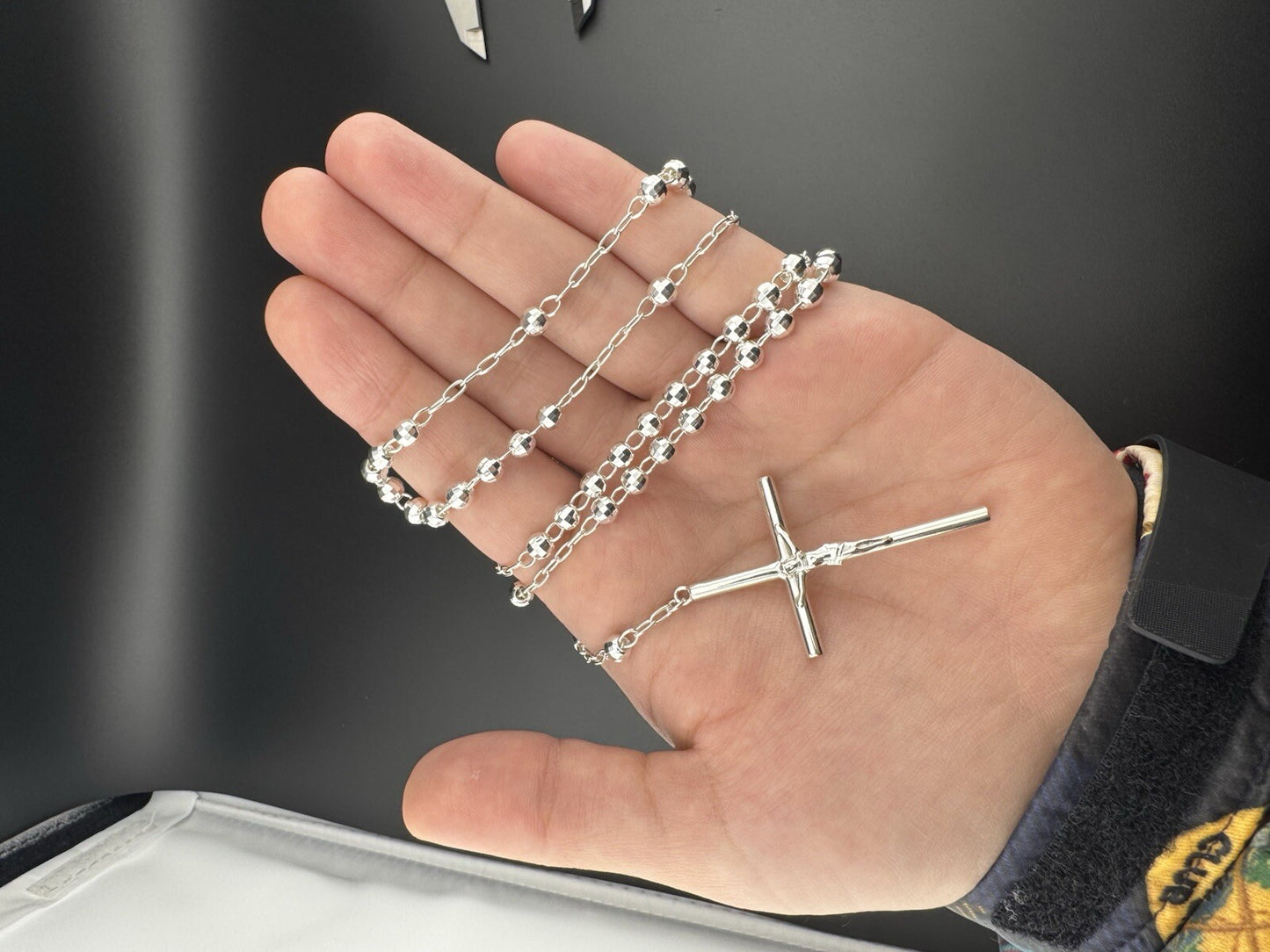 Sterling Silver 925 Rosary Necklace with Mother Mary & Jesus Cross, 24in, 20g