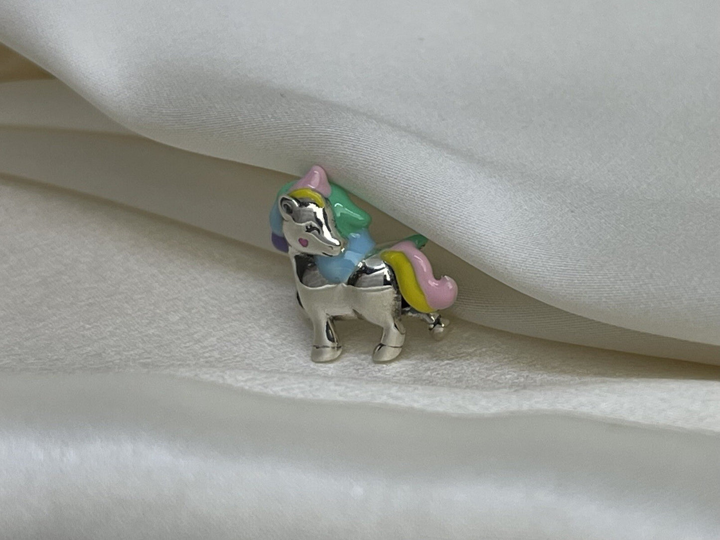 Sterling Silver 925 Enamel Rainbow Cotton Candy Unicorn Horse Pony Heart Charm