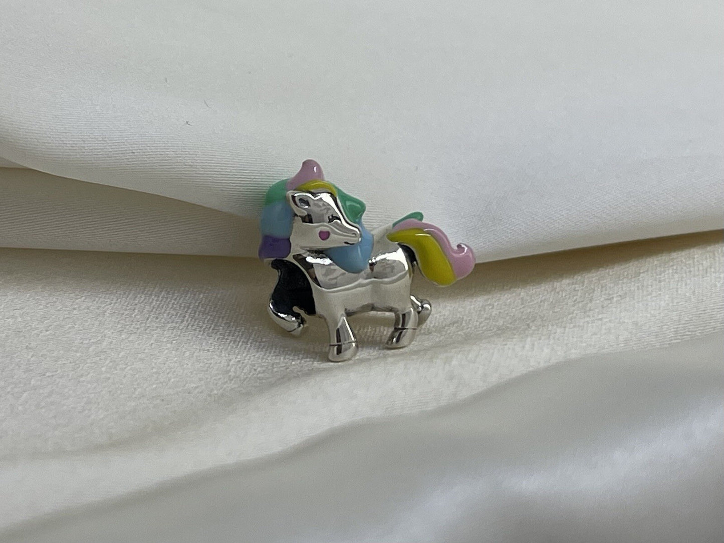 Sterling Silver 925 Enamel Rainbow Cotton Candy Unicorn Horse Pony Heart Charm