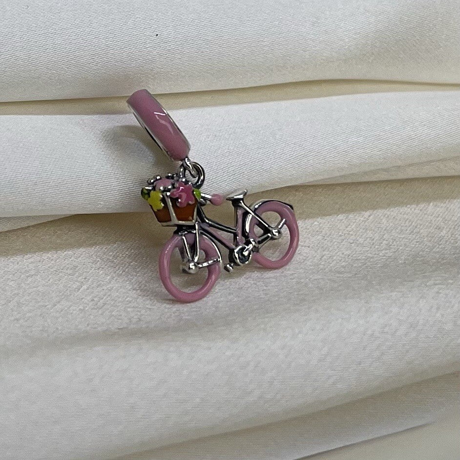 Sterling Silver 925 Enamel Pink Bicycle with Basket & Flowers Dangle Charm Bike