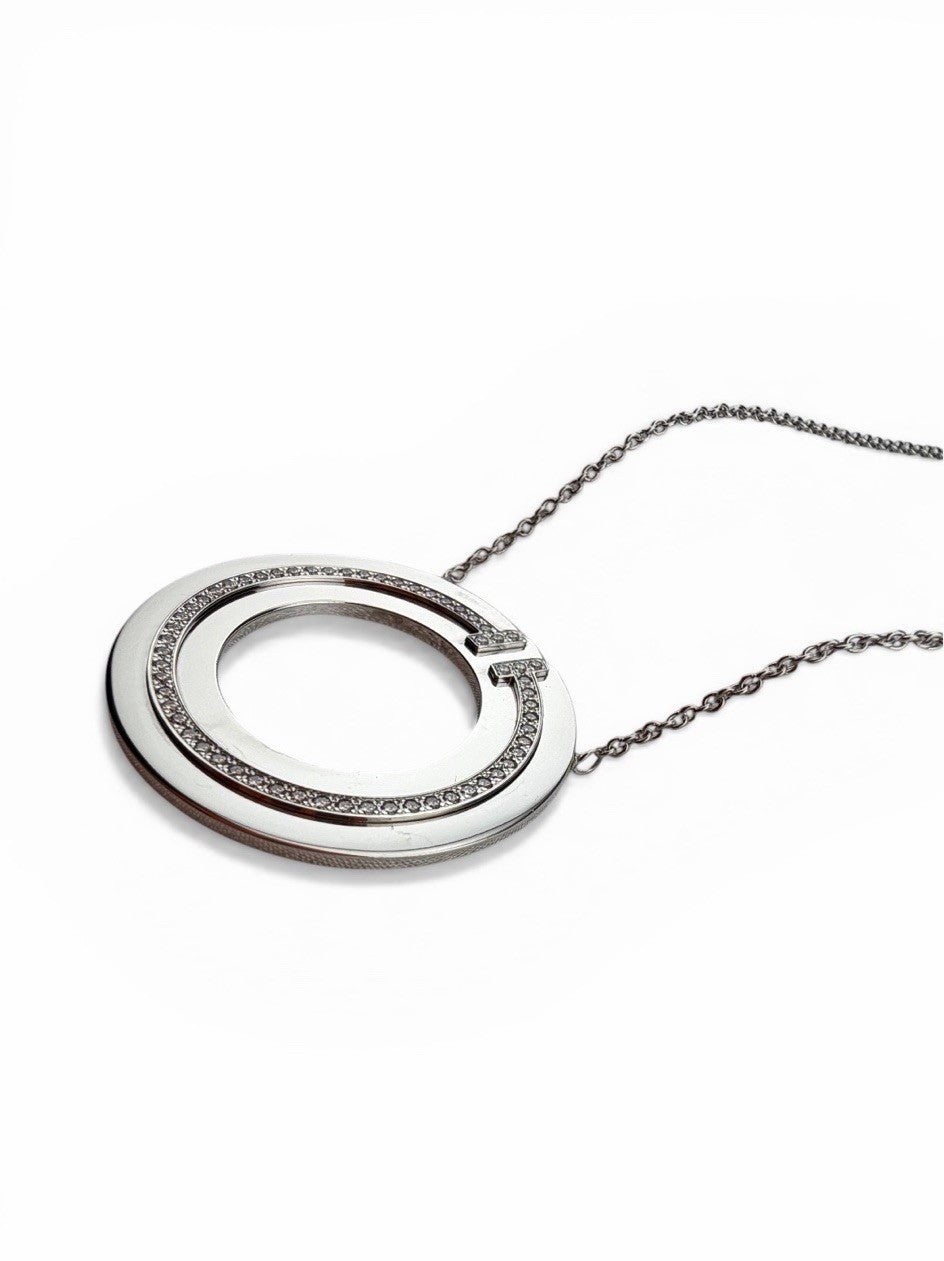 Tiffany & Co. 18k White Gold Diamond T Circle Pendant Necklace Large 30mm 18”