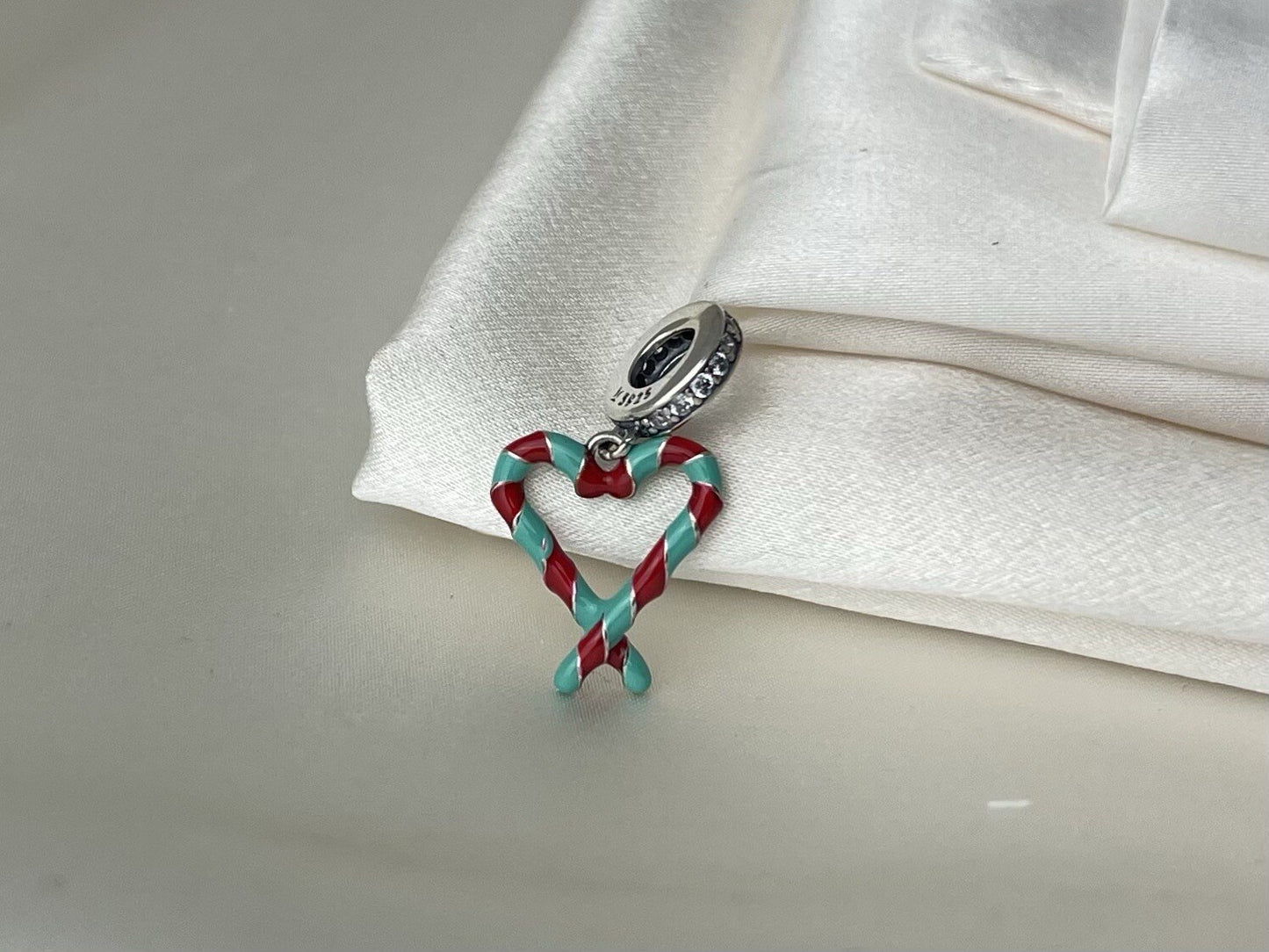 Sterling Silver 925Enamel Christmas Candy Cane Heart Dangle Charm CZ