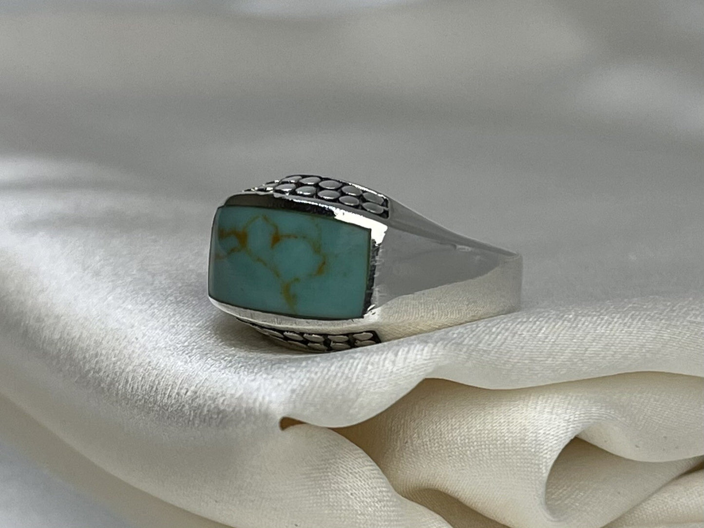Anillo rectangular de turquesa de 9x15 mm, de plata de ley 925, hecho a mano