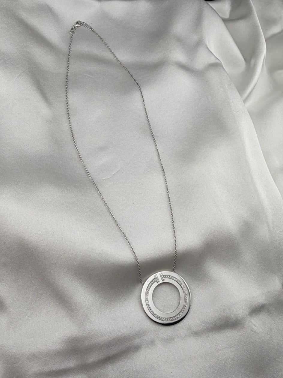 Tiffany & Co. 18k White Gold Diamond T Circle Pendant Necklace Large 30mm 18”