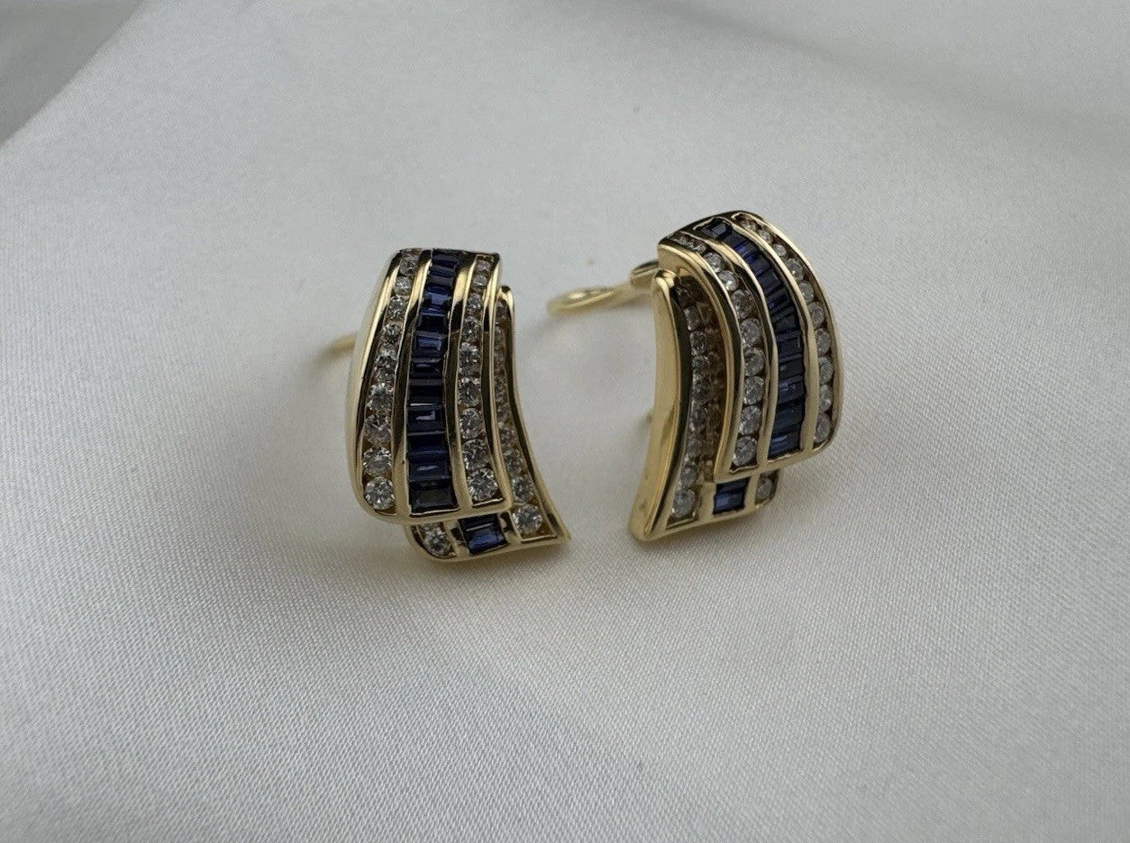 Charles Krypell 18K Yellow Gold Baguette Sapphire & Pave Diamond Earrings 12G