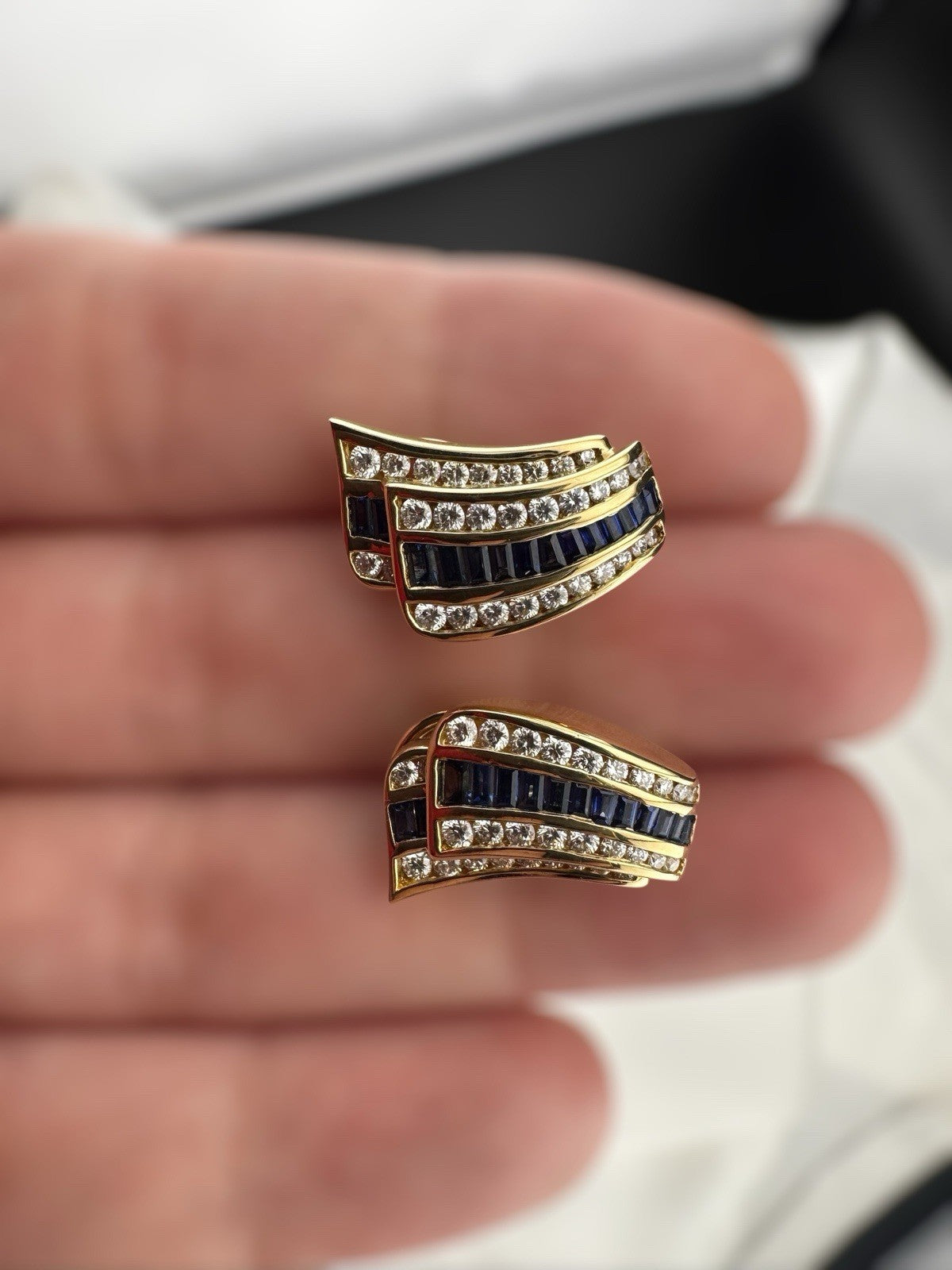 Charles Krypell 18K Yellow Gold Baguette Sapphire & Pave Diamond Earrings 12G